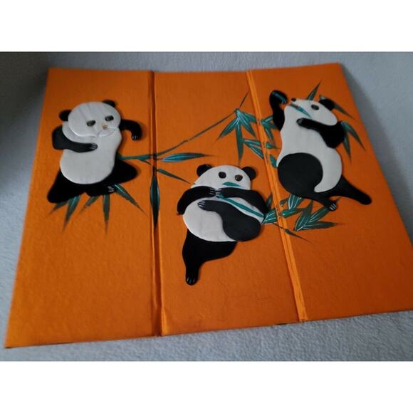 Vintage Chinese Handcrafted Silk Covered Hexagon BOX Orange Pandas Bamboo 3d - Picture 12 of 12